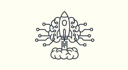 Obraz premium A rocket ship blasts off into the air with circuit board lines and clouds.