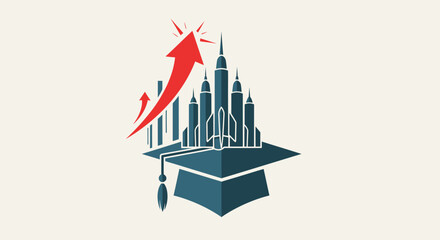 Fototapeta premium Graduation cap sits on cityscape with rising graph and skyscrapers in background