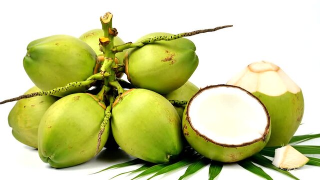 Fresh green coconuts on leafy branch.
