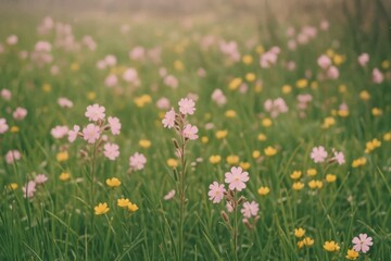 Fototapeta premium Vibrant wildflowers in serene meadow.