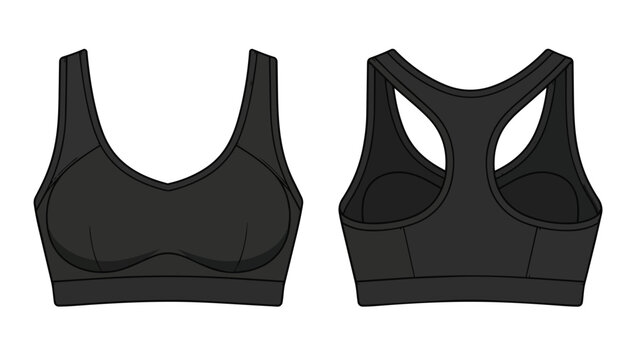 Detailed technical flat sketch of a black athletic sports bra with racerback design