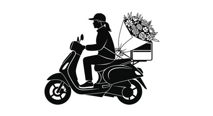 Fototapeta premium Man riding scooter with flower bouquet.
