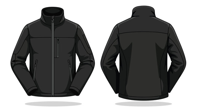 Contemporary black softshell jacket vector illustration, meticulously detailing its front and back views for apparel design and comprehensive