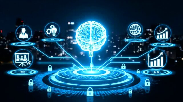 Futuristic AI Brain Network with Digital Icons and Futuristic Cityscape Background.