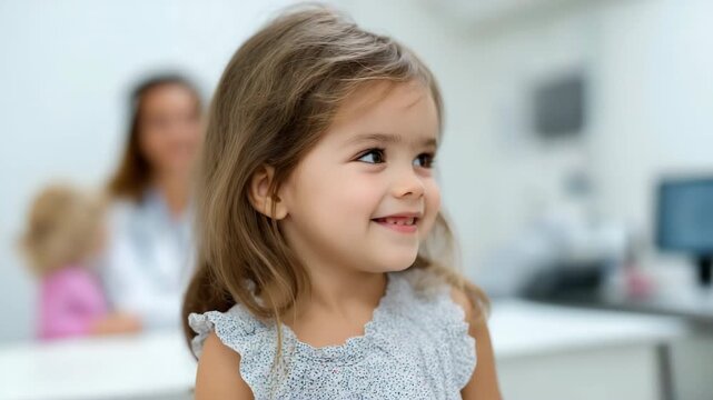 Adorable toddler smiling in a modern clinic setting with doctor in background