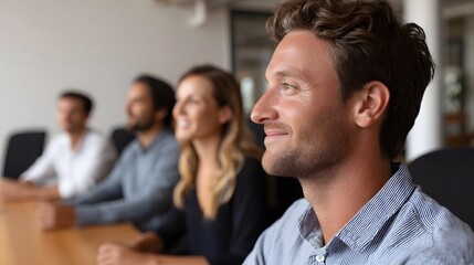 Fototapeta premium A diverse group of professionals actively participating in a modern office meeting with a man smiling attentively in the foreground