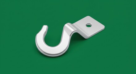 Close up shot of a shiny silver metal hook with a square mounting plate on a green background