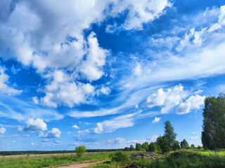 Naklejka premium Beautiful clouds and blue sky over a green field during daylight hours in the countryside