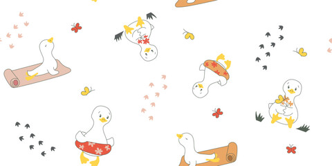Obraz premium Cute Baby Goose Yoga Autumn Seamless Nursery Pattern