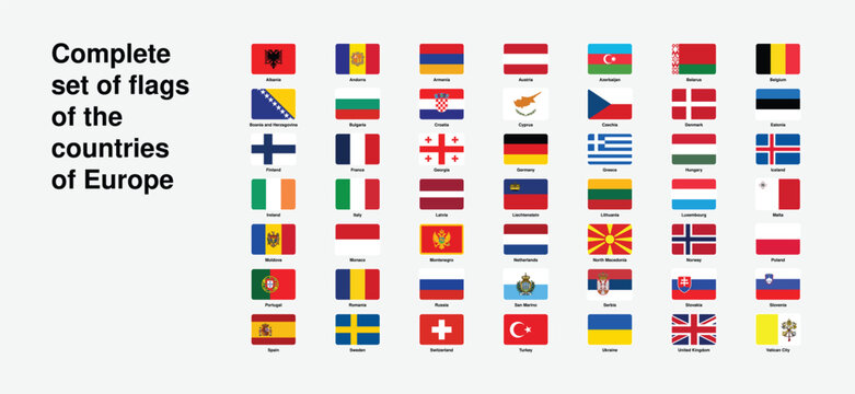 Complete Set of European Flags &ndash; All Countries of Europe Flag Collection Vector Icons with Names