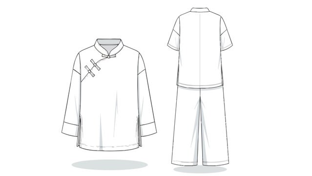 Detailed technical flat sketch outlining an East Asian inspired two-piece loungewear apparel design, featuring a classic mandarin collar top and