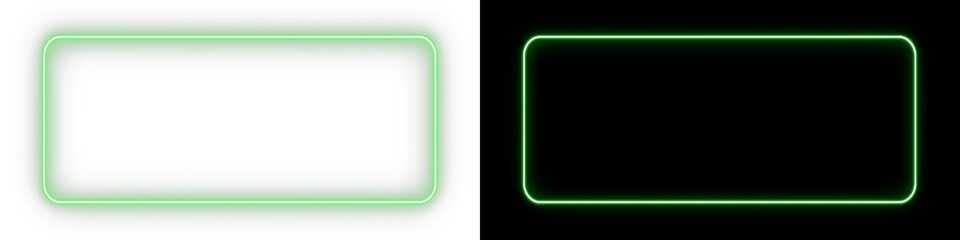 Obraz premium Bright neon green rectangle frame on split background. Minimalist glowing neon border ideal for overlays, posters, and digital artwork.