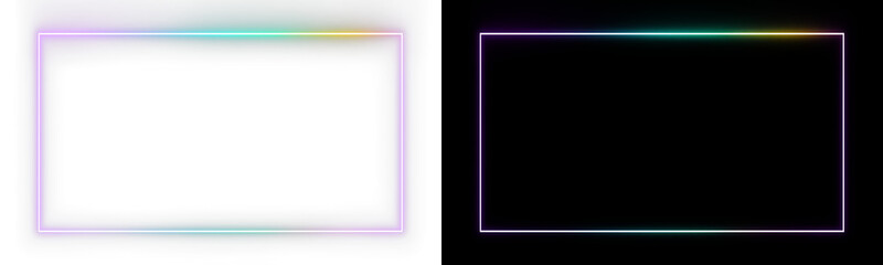 Obraz premium Multicolor neon rectangle frame glowing overlay on split background. Bright luminous border design element.