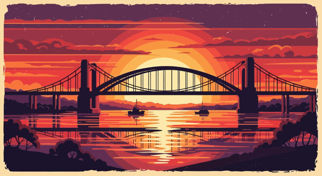 Vibrant Sunset Over Arch Bridge Reflected in Water with Boats, Pixel Art Style