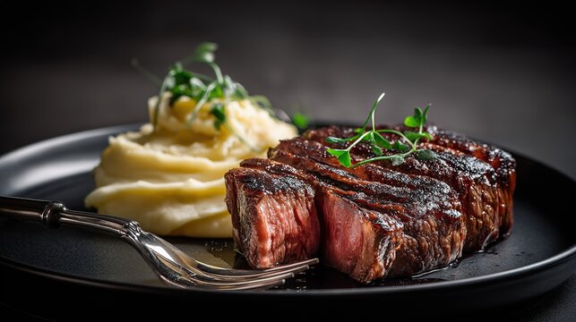 Juicy grilled steak served with garnish on black plate in restaurant, gourmet dinner concept, fine dining cuisine.