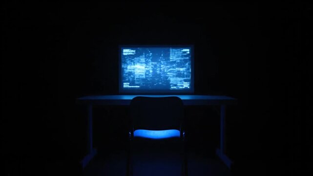 A dark room with nine identical computer setups arranged in a 3x3 grid, each with a chair and illuminated screens displaying blue data or code, creating a symmetrical, futuristic, and tech-focused am