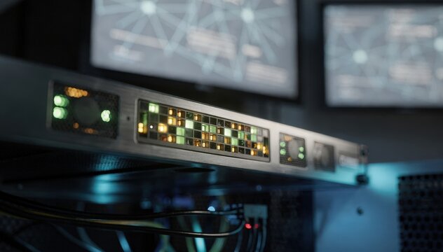 Closeup on a server rack panel with activity indicators lit softfocused digital network topology displayed on wall screens in a blockchain trial lab.