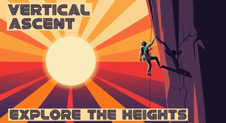 Obraz premium Vertical Ascent: Climber Reaching New Heights on Rocky Cliff Face at Sunrise