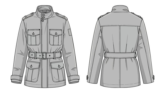Men's gray field jacket flat sketch. Front and back views, stand collar, epaulets, four flap pockets, belted waist. Fashion design apparel patterns
