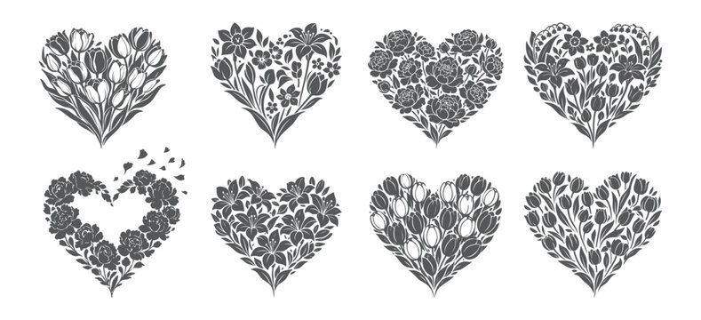 Heart of spring flowers vector silhouette set