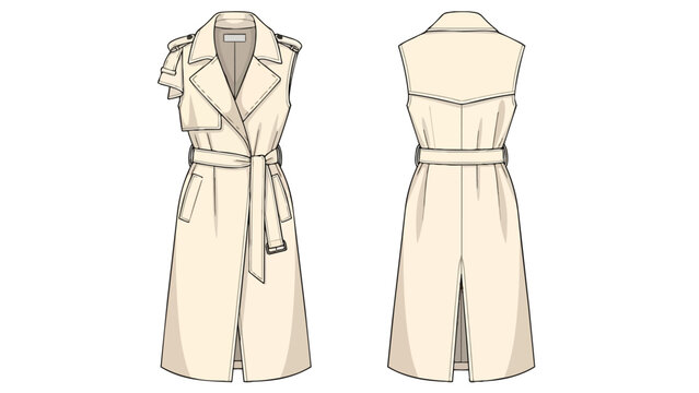 Elegant sleeveless trench coat flat sketch displaying front and back views a detailed technical fashion drawing perfect for garment production and