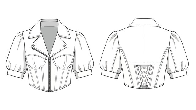 Cropped top with moto collar and corset design, featuring puffed sleeves and laced back, a detailed technical flat for fashion illustration and