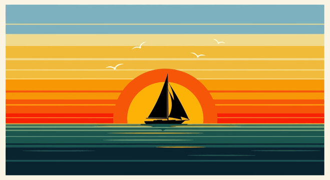 Sailboat on calm sea at sunset with seagulls flying, retro style