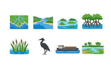 Collection of diverse wetland and river ecosystem icons with a heron and barge