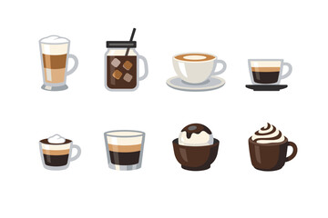 Obraz premium Collection of eight different stylized coffee drinks and desserts on a white background