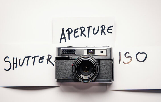 Exposure triangle concept with aperture, shutter and ISO labels around a vintage camera on white background, illustrating the basic photography settings used to control light and image exposure.