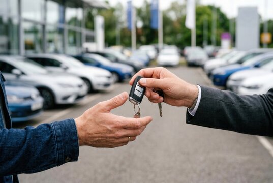 Car key handover between seller and customer at dealership