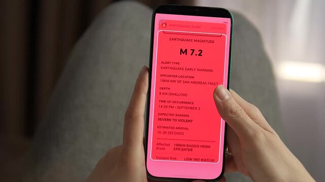 Realistic sequence of an early warning system on mobile. Displays intensity, estimated arrival time, and aftershock probability. Essential visual for public safety training, insurance commercials, and