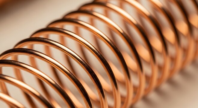 Close up view of a shiny copper wire coil spiraling into a golden metallic shape