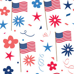 Obraz premium Preppy American red and blue flowers with United States flags and stars seamless pattern on white background. For fourth of July celebration, fabric and Patriotic backgrounds