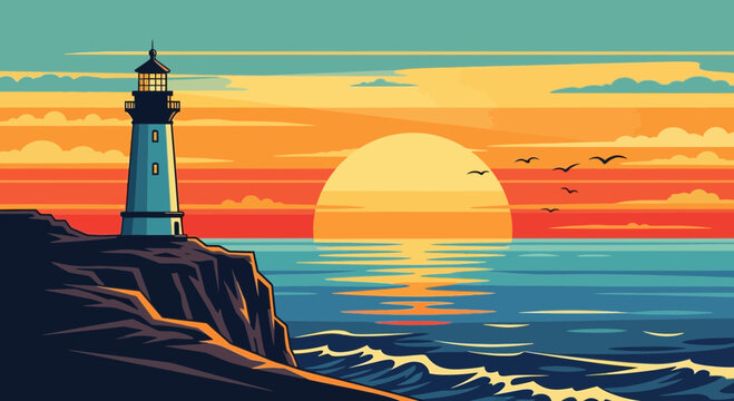 Lighthouse on cliff at sunset, ocean waves, seagulls flying, vibrant sky reflection