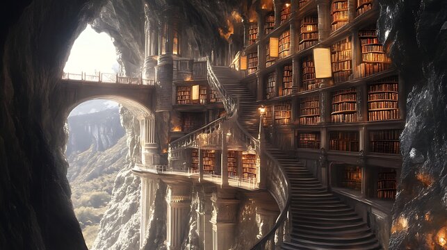 Fantasy library inside a cave illuminated bookshelves staircases and bridge