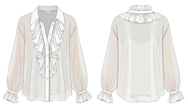 Elegant ruffled blouse design technical sketch featuring front and back views with voluminous long sleeves and delicate cuff details, ideal for