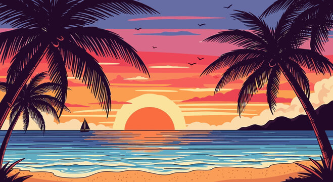 Vibrant Tropical Sunset Over Ocean with Palm Trees and Sailboat