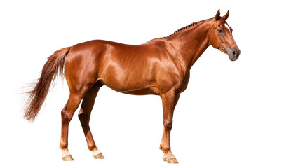 Fototapeta premium Isolated elegant athletic bay horse standing in side view, a majestic and beautiful equine animal