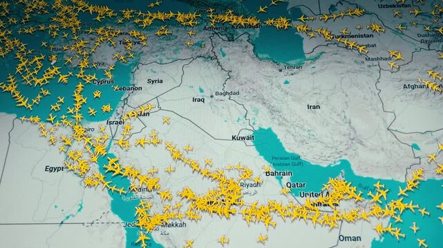 Air Traffic Map On Computer Screen Showing Flights Avoiding Iran And Middle East Airspace Timelapse