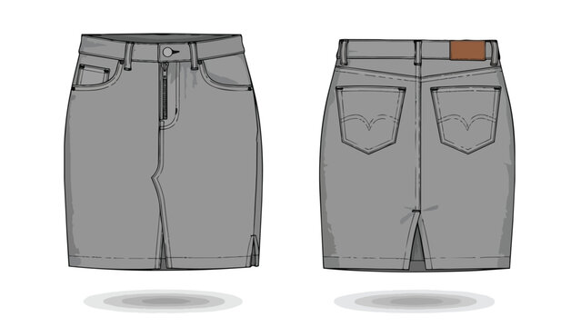 Grey denim pencil skirt vector illustration for fashion design. Front and back views with pockets, zipper, button, and belt loops. Perfect for