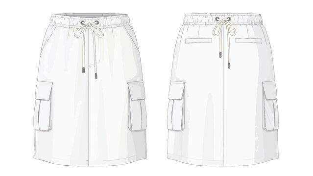 Technical flat drawing of a white cargo mini skirt with drawstring waist and patch pockets. Front and back views for apparel design needs.