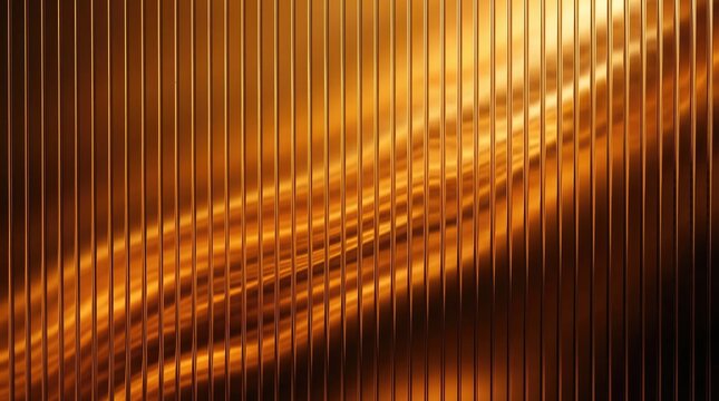 Diagonal golden ribbed glass texture with layered glowing waves and vertical reflective lines creating abstract luxury background design