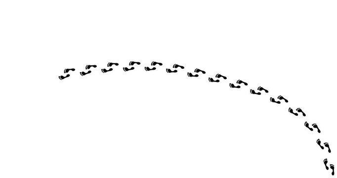 Black footprints trace a curved path across pure white. Each step shows a consistent, rhythmic motion. The trail curves gently, implying direction or journey