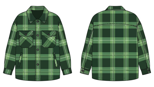 Technical flat illustration of a casual green plaid shacket, showcasing front and back views. Features chest pockets, side pockets. Ideal for