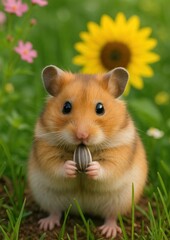 Fototapeta premium Cute hamster holding sunflower seed