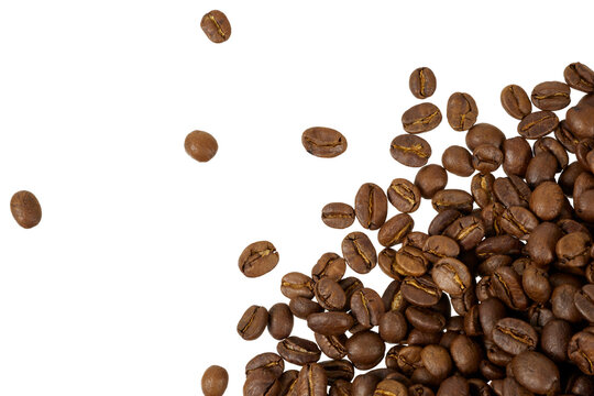 corner border of falling coffee beans pile isolated on white or transparent png