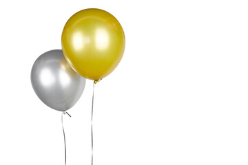 pair of air helium balloons in silver and gold isolated on white or transparent png