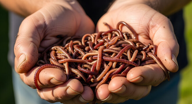 A person holding a handful of worms in their hands outdoors today, a close-up shot with fine detail, natural light.