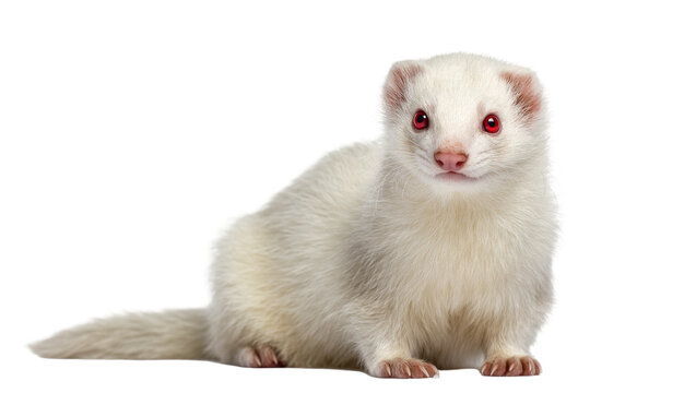 Isolated albino ferret with striking red eyes, a curious and adorable white domestic pet mammal